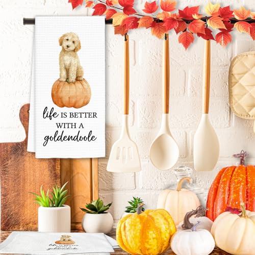 Goldendoodle Fall Kitchen Hand Towel - Dog & Pumpkin Fall Decor - 16x24 Inch - FIicy