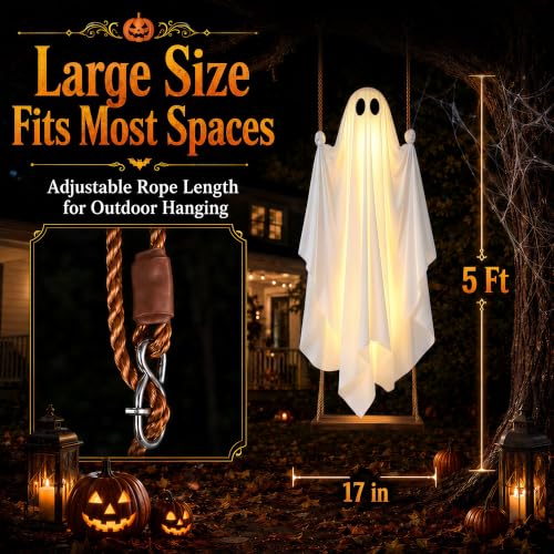 5FT Swinging Ghost Halloween Outdoor Decor with Remote LED Lights