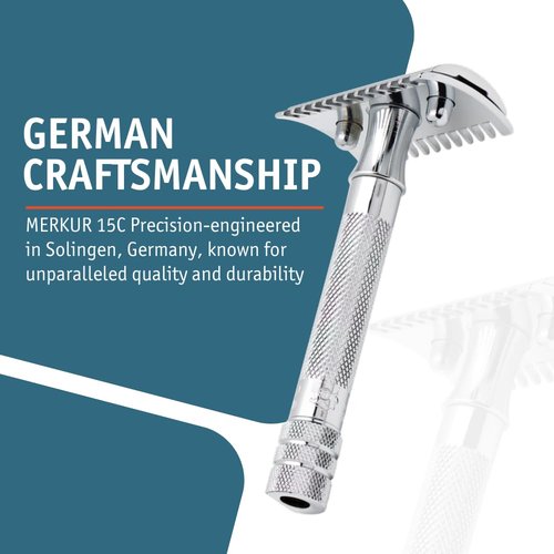 MERKUR 15C Double Edge Safety Razor - Bright Chrome Finish, Open Comb Design, Eco-Friendly, Made in Germany
