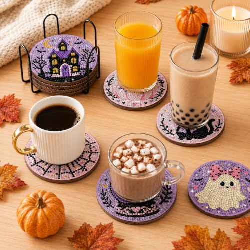 Halloween Diamond Art Coasters Set - Ghost Pumpkin Moon Black Cat Spider Web with Holder - Halloween-3