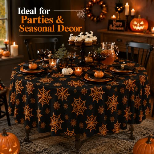 Black Halloween Round Tablecloth 60 Inch Spooky Spider Web Design