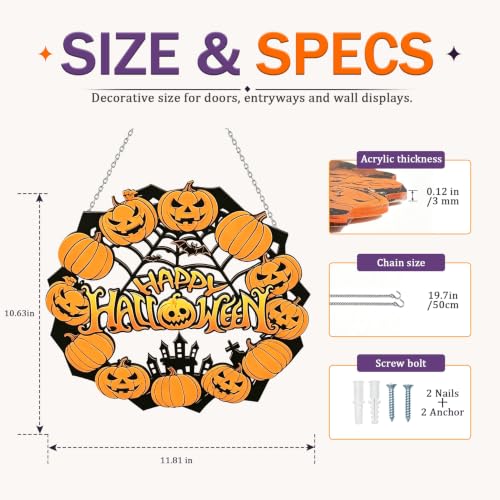 Halloween Door Sign - Acrylic Welcome Sign with Pumpkin & Spider - Outdoor Indoor Porch Decor
