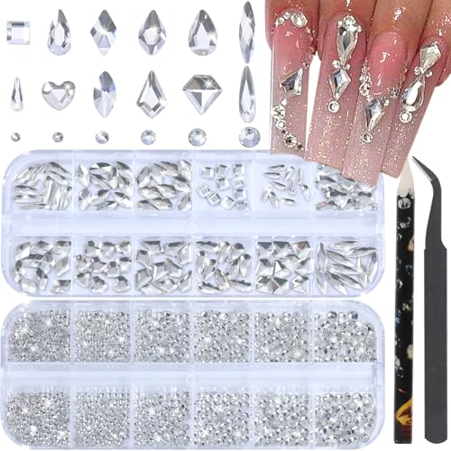 16# White Nail Rhinestones Kit - Multi-Shape Flat Back Crystals for Manicure & Nail Art
