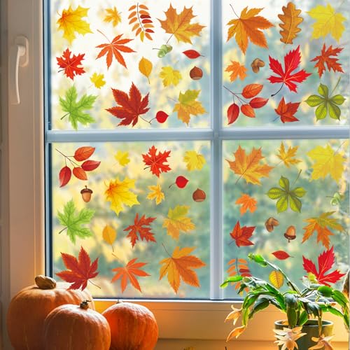 Fall Leaves Window Clings - 6 Sheets 60 Pieces Autumn Decor with Maple & Acorn Patterns