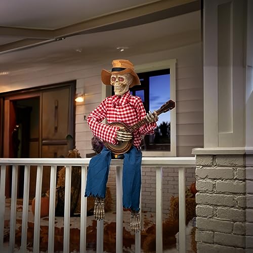 Halloween Animatronic Skeleton with Banjo - Light Up Eyes & Sound Activated, Funny Voice, Indoor Outdoor Decor - Variation of Banjo Playing Skeleton