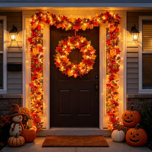 Fall Garland with Lights - 11.8ft Maple Leaf Wreath for Autumn Decor