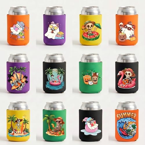 Halloween Can Cooler Sleeves Set - 12 Reusable Insulated Drink Wraps for 12 oz Cans