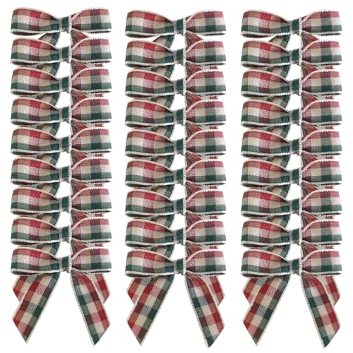Mini Gingham Ribbon Bows for Gift Wrapping & Holiday Decor - 50PCS 1.5" Green & Red, Variation 078 / HotCutting
