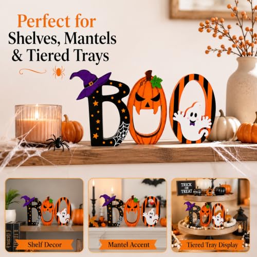 Halloween BOO Table Decorations Set - Wooden Tiered Tray Decor for Fall & Spooky Events
