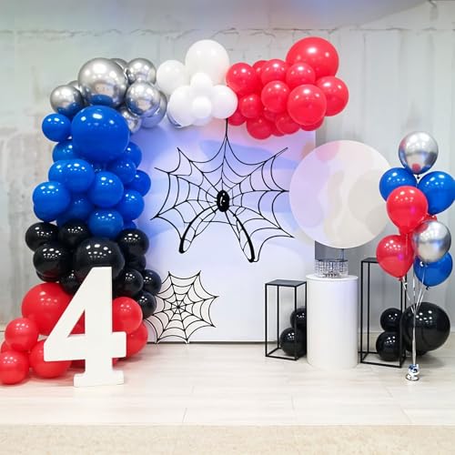 Balloon Set - Red Blue Black 12 Inch Latex Party Balloons with Ribbons - Variation of Black Red Blue