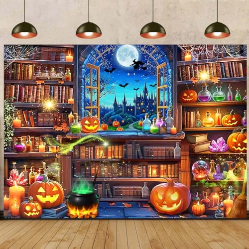 Halloween Magic Photography Backdrop 8x6 ft Witch Scene Window Bookshelf Banner - Folded