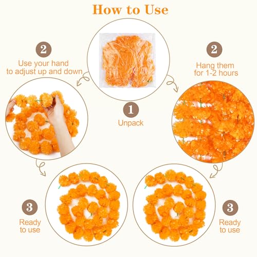 Light Orange Marigold Garland Set - 15 Strands, 5 Feet Long for Weddings Diwali & Festivals - Artificial Floral Decor