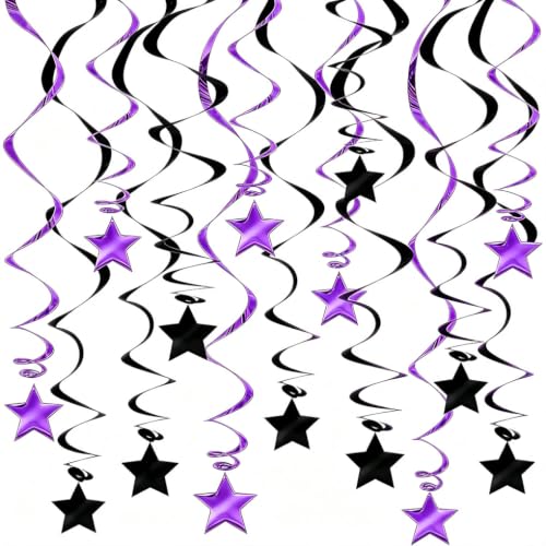 Purple Black Hanging Swirl Decorations - Metallic Foil Streamers, 36 Inch Set