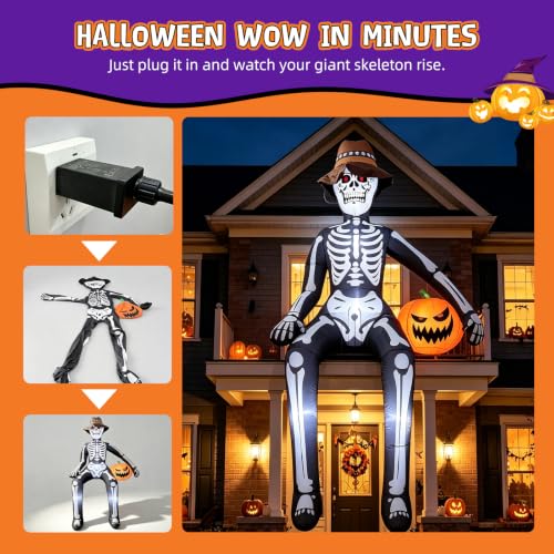 10FT Sitting Skeleton Halloween Inflatable with LED Lights - Outdoor Decor, Ghostly Skeleton with Pumpkin, Variation: Sitting Skeleton