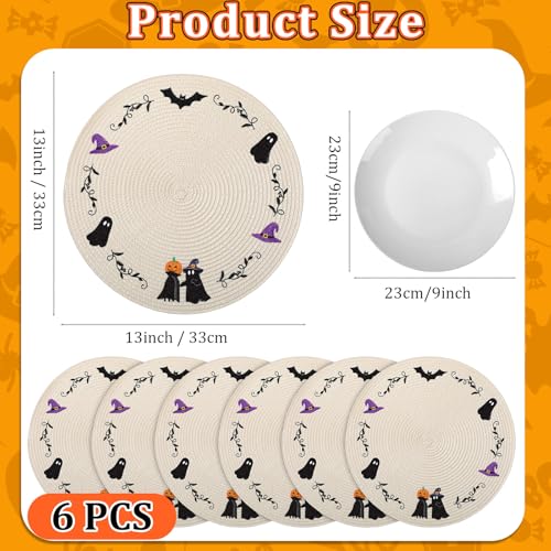 Halloween Round Placemats Set - Embroidered Heat-Resistant Table Decor - 6 Pieces