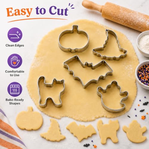 Halloween Cookie Cutter Set - 5 Shapes Pumpkin Bat Ghost Witches Hat - Stainless Steel