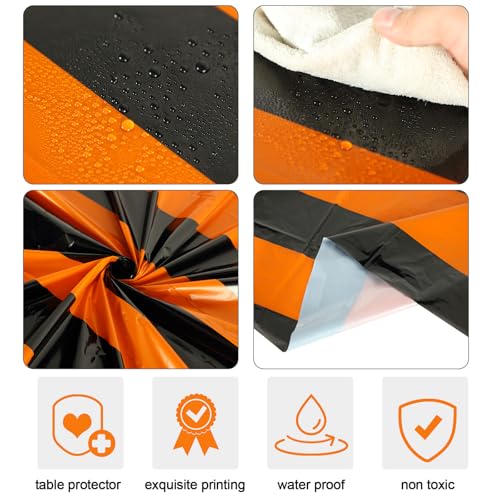 Black and Orange Striped Carnival Tablecloth - 6 Pcs, 84-Inch Round Disposable Linens - Party Decor
