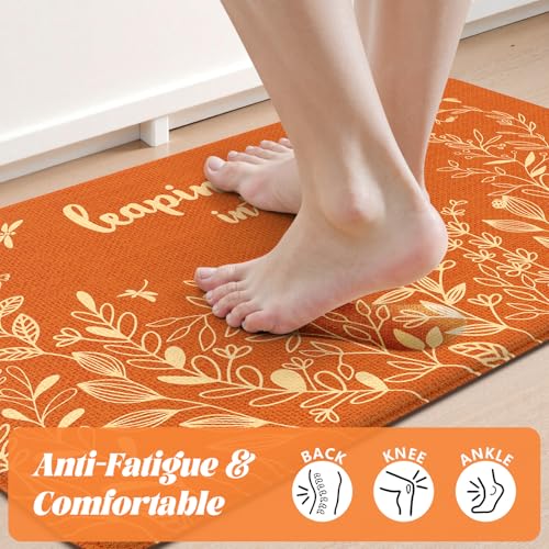 Fall Leaf Kitchen Mat with Pumpkin Design Anti-Fatigue Cushioned Rug 17.3x47+17.3x29 - Orange/Leaf