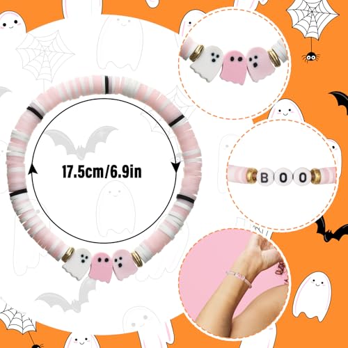 48 Pcs Halloween Party Favors Pink Boo Clay Bead Bracelets Bulk