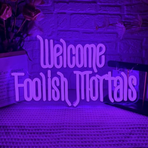 Purple Welcome Foolish Mortals Neon Sign - Haunted Mansion Dimmable LED Wall Decor