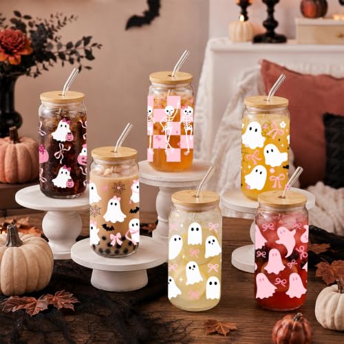 Pink Ghost Skeleton Glass Cups with Lids & Straws - 16oz Halloween Set