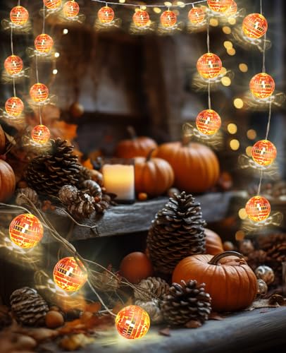 Orange Disco Ball Decor String Lights - 20 LEDs, 9.8Ft, Battery & USB Power, Fall & Party Decoration - Variation of THIS listing