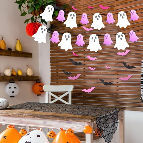 Pastel Halloween Decor Set with Ghost Banners, Bat Stickers & Spider Web Table Runner