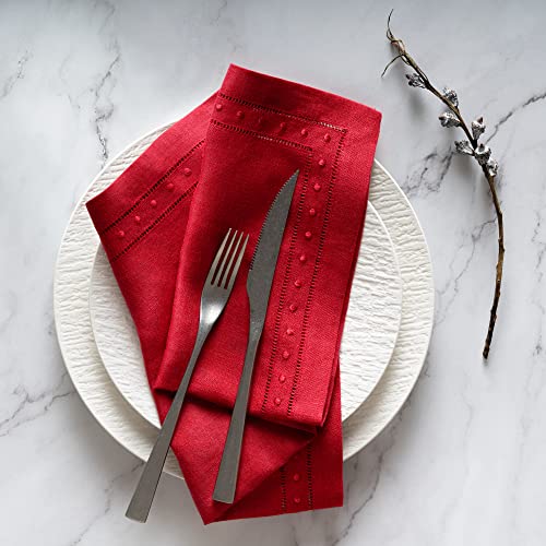 Red Linen Napkins Set of 4 - Embroidered Swiss Dot & Hemstitch, 18x18 Inches - Authentic Home