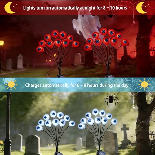 Halloween Red Eyeball Solar Garden Lights - Spooky Outdoor Decor, Waterproof, 10 LEDs, Pack of 2