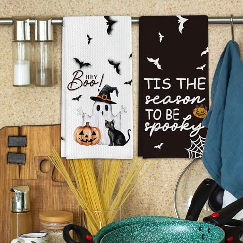 Ghost Pumpkins Bats Cat Hey Boo Halloween Waffle Weave Kitchen Towels - Apricot Variation