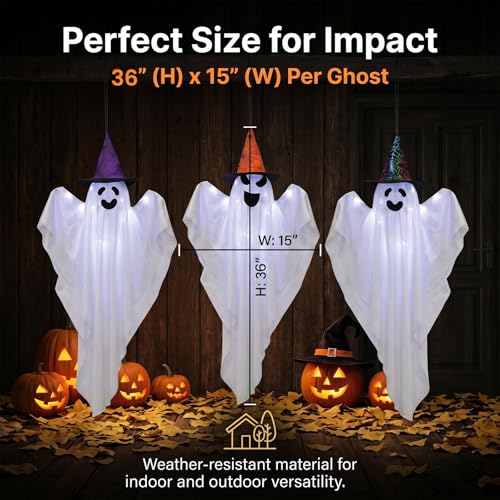 3ft Lighted Hanging Ghost Decorations with Hats - Outdoor Halloween Ghosts Set of 3 with 45 LEDs