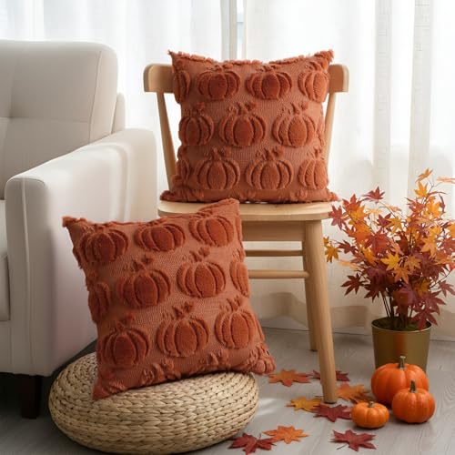 Rust Fall Pumpkin Throw Pillow Covers 18x18 Inch Set of 2 - Autumn Home Decor