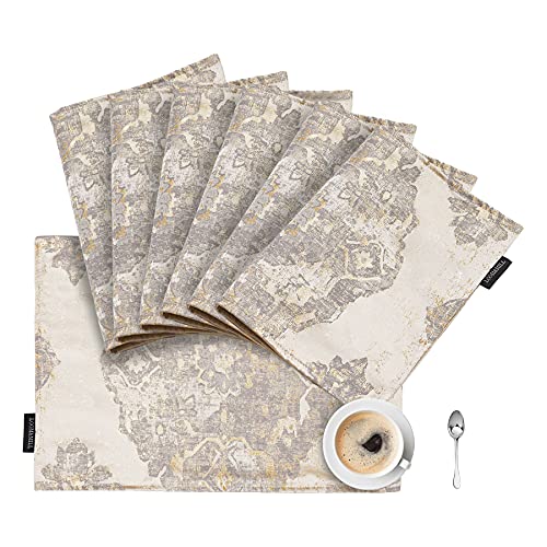 Luxury Damask Placemats Set of 6 - Double-Layer, Beige, with Grey & Gold Variation