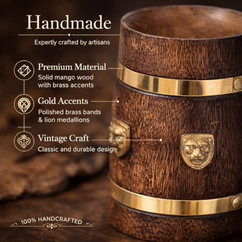 Handmade Wooden Beer Mug with Brass Lion Plate - Rustic 400ml Steing