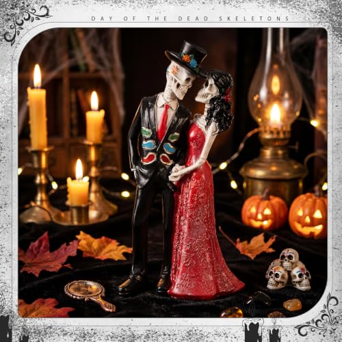 Day of the Dead Skeleton Couple Figurines - Red Dress, Gothic Halloween Decor