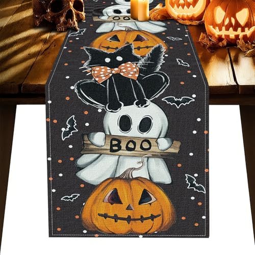 Halloween Table Runner 13x108 Inches Spooky Pumpkin Web Decor for Kitchen & Dining - Black