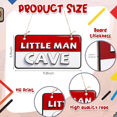 Wooden Little Man Cave Sign - Red & White Door Decor, 11.8 x 6 Inches