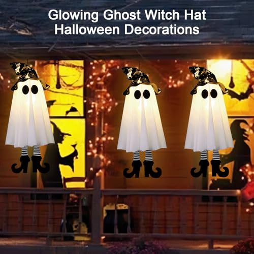 Halloween Outdoor Ghost Decorations with Witch Hat Lights - Spooky Yard Decor