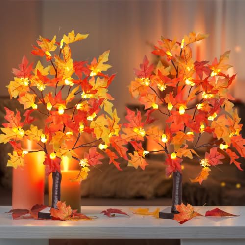 Fall Decor 2 Pack 24-Inch Lighted Maple Trees with 48 LEDs & Timer - Style 1