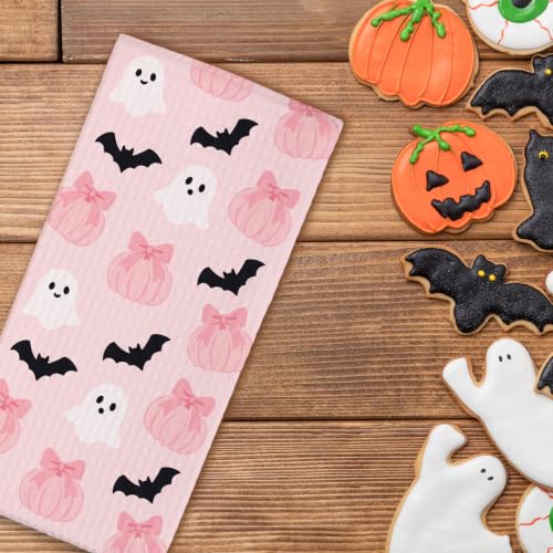 Halloween Pink Ghost Bat Kitchen Towel 16x24 Inches Absorbent Decorative Hand Towels