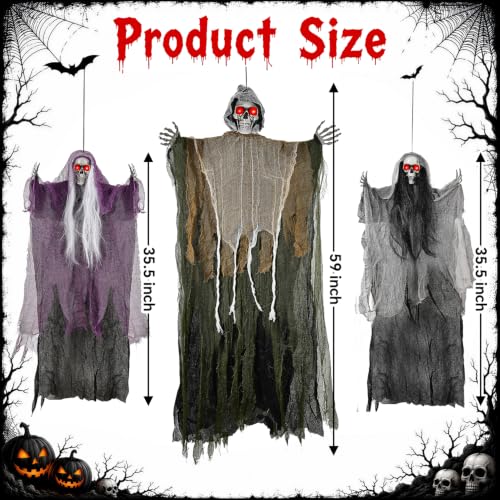 Grey Hanging Ghost Decorations Set - Spooky Halloween Skeleton & Ghost Decor with Glowing Eyes - 3PCS