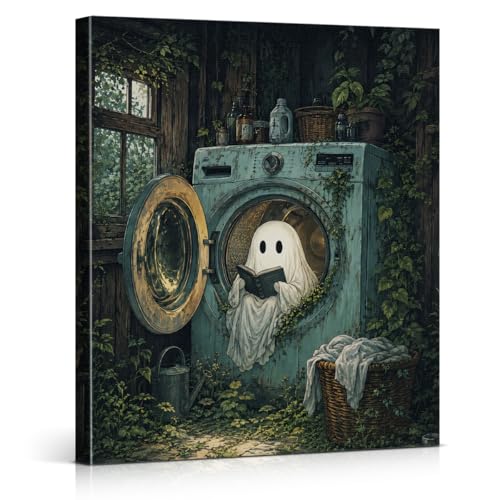 Halloween Ghost in Washing Machine Canvas Wall Art - Laundry Variation