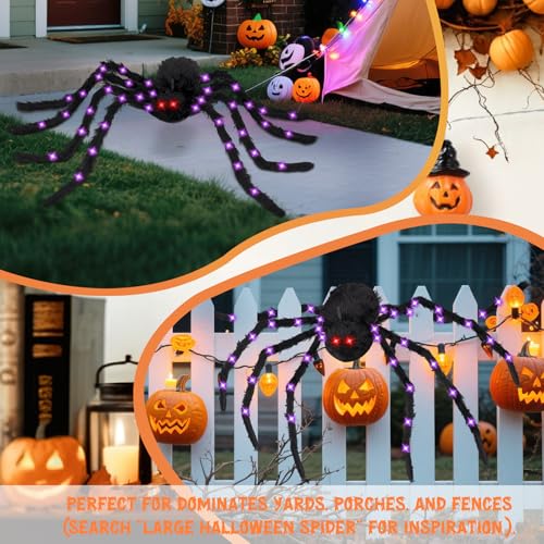 Giant Outdoor Halloween Spider Decor - 78-Inch Light Up Fake Spider with 8 Light Modes