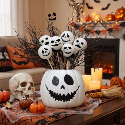 Halloween Resin Pumpkin Vase with Ghost Skull Face & Spooky Balls - Scary Face Variation