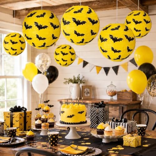 Halloween Bat Paper Lanterns Set of 8 - Yellow and Black Hanging Decorations for Parties