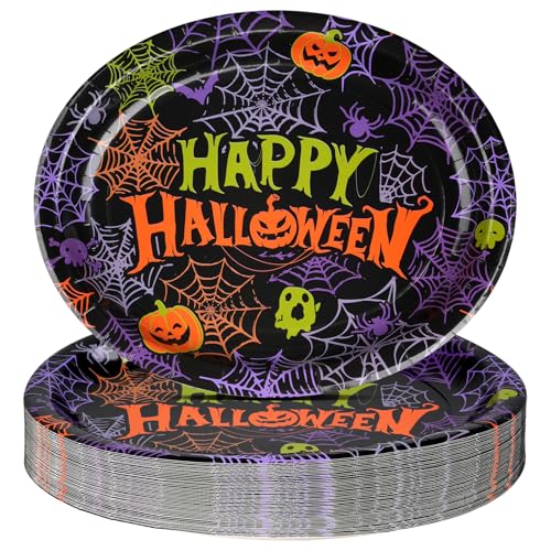 Halloween Party Plates 50 Pack - 10x12 Inch Oval Disposable Dinnerware