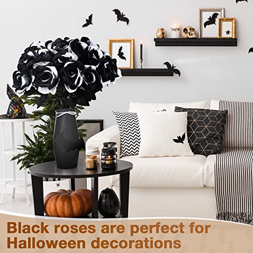 Black and White Faux Silk Rose Flowers with Long Stems - 30 Pack