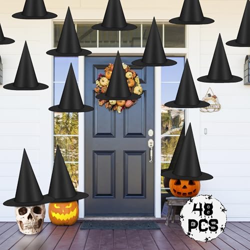 48 Pcs Halloween Witch Hats Set - Black Hanging Decorations with Nylon Cord