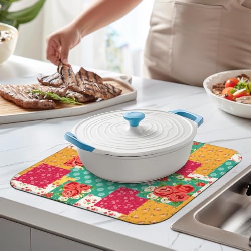 Floral Dish Drying Mat 16x18 Inch - Farmhouse Microfiber Kitchen Counter Protector - Washable & Absorbent