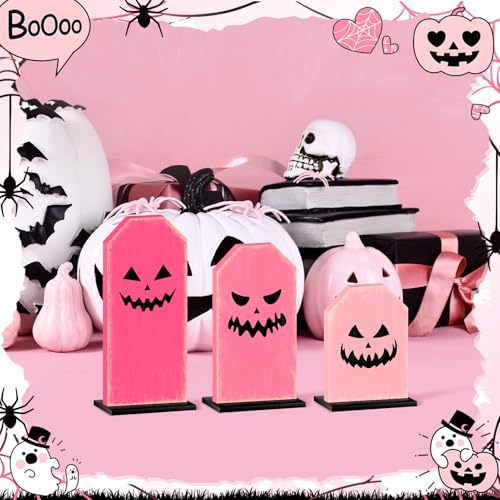 Pink Tombstone Halloween Ghost Tray Decor Sign - 3 Pack Wooden Table Signs